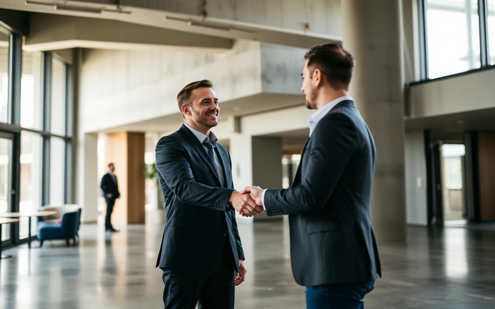 Two business partners shaking hands in a modern office lobby