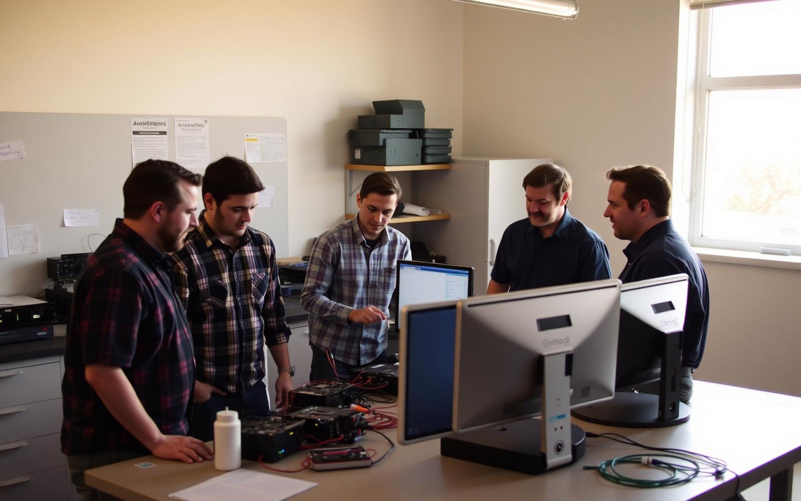 Engineering team around a workbench with prototype electronics