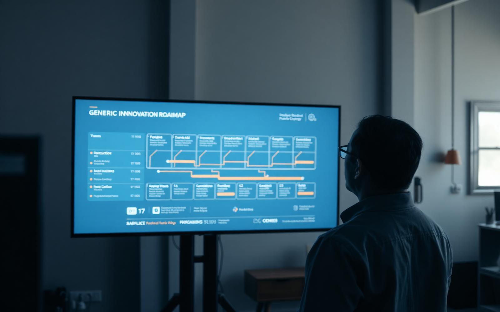 Product team reviewing a generative AI roadmap on a large display